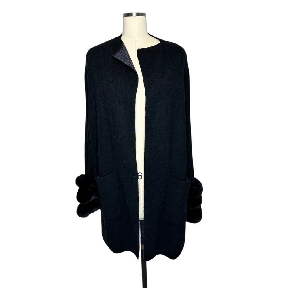 J. Mclaughlin Black Cashmere Wool Open Faux Fur Trim Cardigan| L